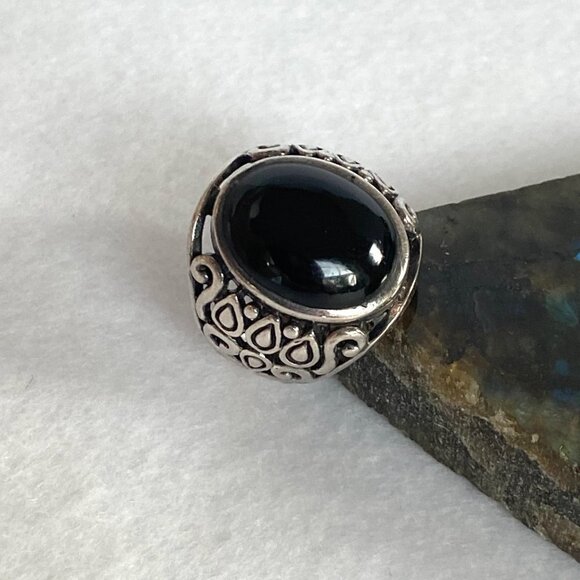 Sterling Silver 925 Chunky Oval Black Onyx Cab Pierced Scrollwork Ring Sz 6.5 - Picture 16 of 16